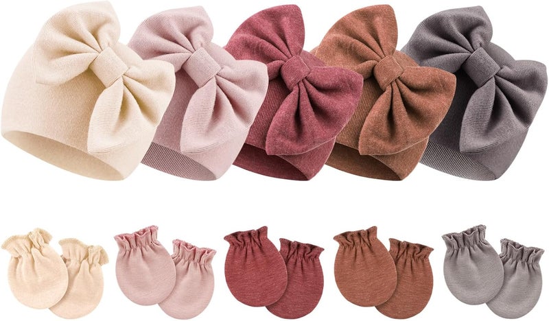 DRESHOW BQUBO Newborn Baby Girls Hats Mittens Set Hospital Hat Beanie Infant Bow Hats Baby Cotton Gloves for 0-6 Months - Image 1